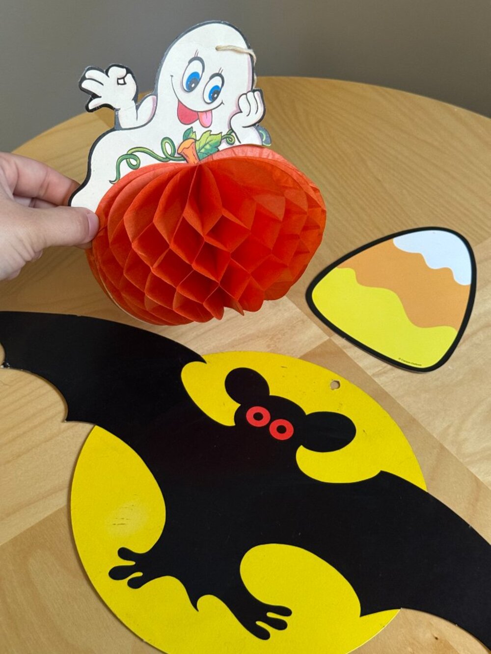 Set of 3 Vintage Halloween Die Cuts c1990s Decor Ephemera Candy Corn Bat Ghost